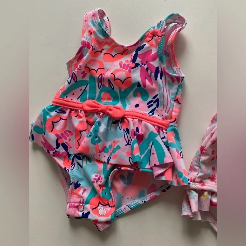 Carter’s Baby Girl Lot Of 2 Floral One Piece Swim Bundle Lined Bathing Suits 3M